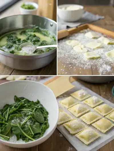 Step-by-step process of making spinach ricotta ravioli, including blanching spinach, mixing filling, rolling dough, and cutting ravioli.