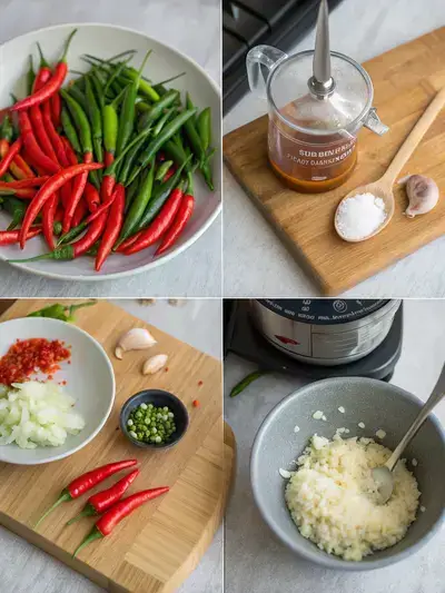 Four-step process of making Thai chilli sauce, including preparation of ingredients, blending, simmering, and storing.
