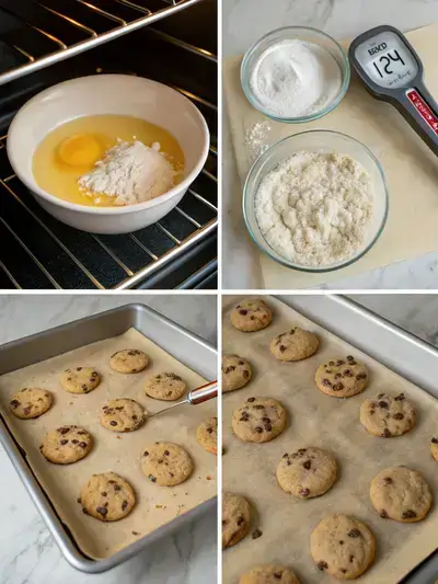 Step-by-step process of making thin crispy chocolate chip cookies, including preheating the oven, mixing dry ingredients, combining wet ingredients, and shaping the cookies.