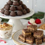 No bake Christmas treats including chocolate truffles, rice krispies trees, Oreo cheesecake, peanut butter bars and parfaits