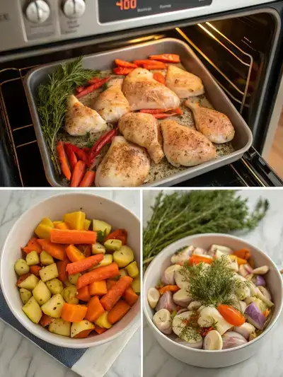 Four-step process of making one pan roasted chicken and vegetables, including preheating the oven, preparing ingredients, arranging on a baking sheet, and the final roasted dish.