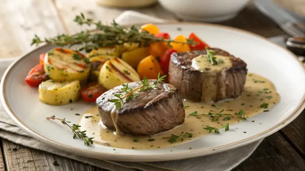 Delicious filet medallions garnished with thyme and served with roasted vegetables.