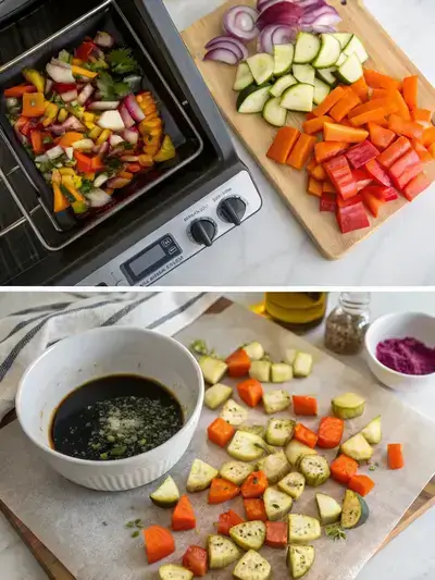 Step-by-step preparation of Balsamic Roasted Vegetables, including preheating the oven, chopping vegetables, mixing balsamic dressing, and spreading vegetables on a baking sheet.