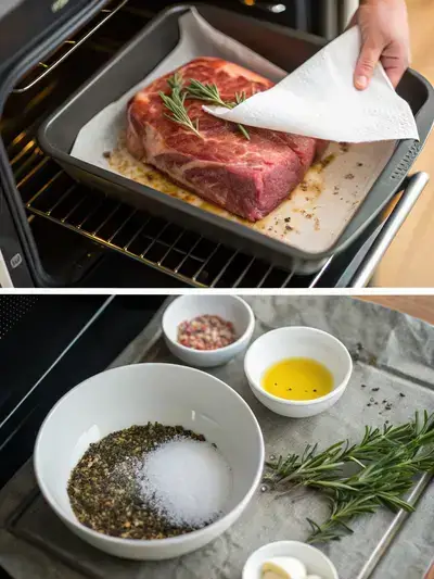 Step-by-step preparation of a boneless ribeye roast, including preheating the oven, drying the roast, applying olive oil, and mixing spices.