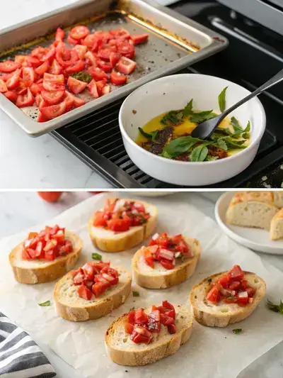 Step-by-step preparation of Bruschetta tomato basil, showcasing the oven preheating, mixing of ingredients, and toasting of bread.
