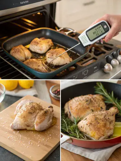 Step-by-step preparation of chicken thighs in a divided image, showcasing preheating the oven, seasoning the chicken, heating the skillet, and searing the chicken.