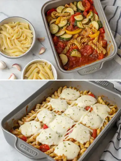 Step-by-step preparation of Easy Vegetable Pasta Bake, including preheating the oven, cooking pasta, sautéing vegetables, and combining ingredients.