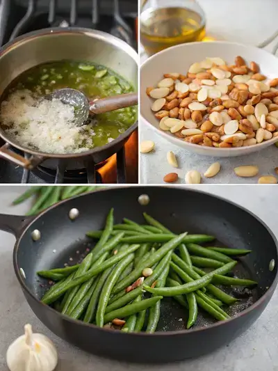 A step-by-step visual guide to preparing green beans garlic almonds, showcasing the blanching, sautéing, and final presentation of the dish.
