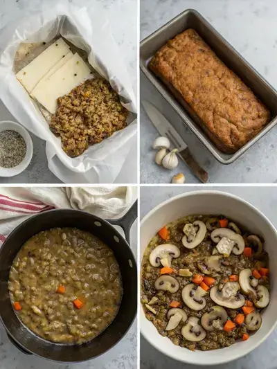Step-by-step preparation of Mushroom Lentil Loaf, showcasing the cooking process in four sections.