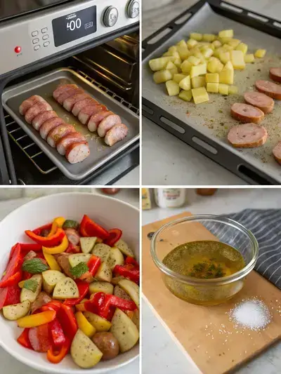 Step-by-step preparation of sausage peppers potatoe Baked, showcasing preheating the oven, slicing ingredients, tossing with seasoning, and spreading on a baking sheet.