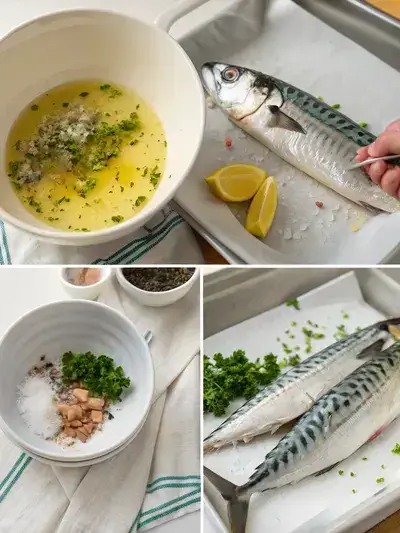 Step-by-step preparation of mackerel, including rinsing, mixing ingredients, rubbing the mixture on the fish, and adding lemon slices.