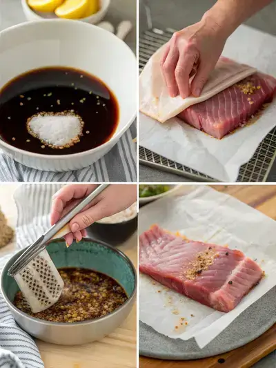 Step-by-step preparation of tuna belly, including seasoning, marinating, and grilling.