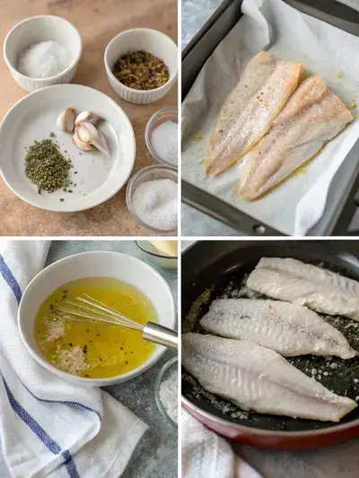 Step-by-step preparation of whiting fish, including rinsing, marinating, and cooking in a skillet.
