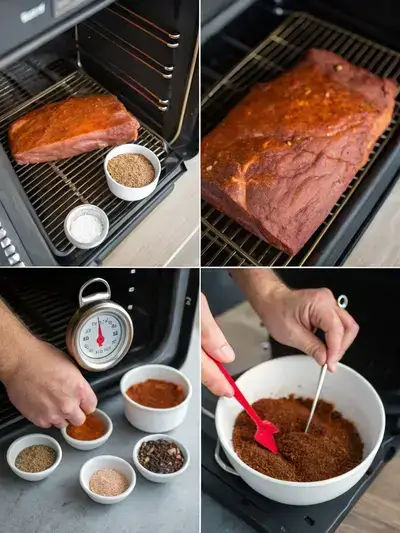 Four-panel illustration of Prime Beef Brisket steps: heating the smoker, mixing spices, seasoning the meat, and smoking it.