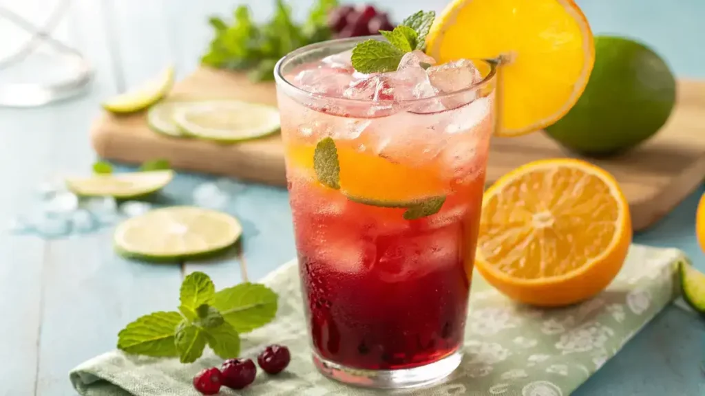 A colorful Cranberry juice cocktail with ice, garnished with orange and mint.
