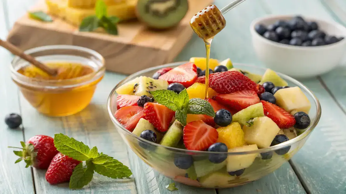 A colorful fruit salad with honey and lemon dressing, garnished with mint leaves.