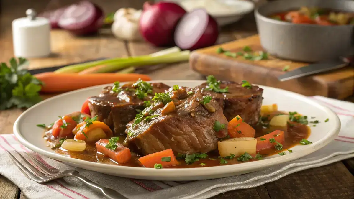 Delicious braised veal shanks garnished with parsley and served with sautéed vegetables.