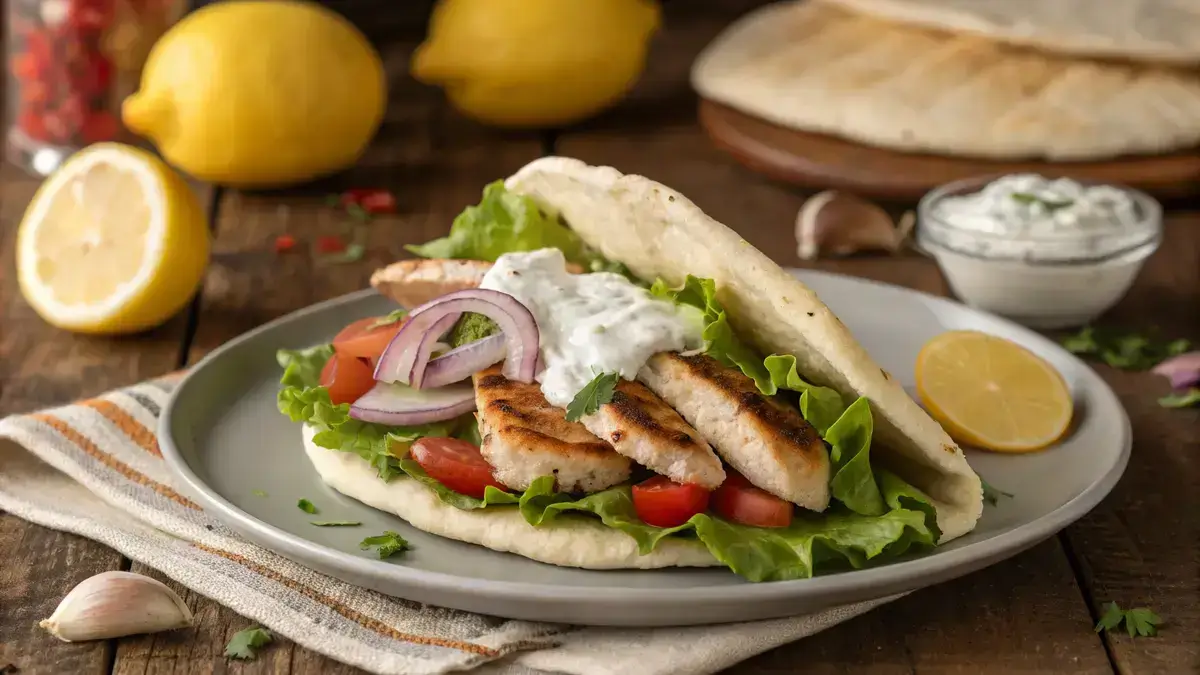 Delicious chicken pita filled with grilled chicken, lettuce, tomatoes, and tzatziki sauce on a rustic wooden table.