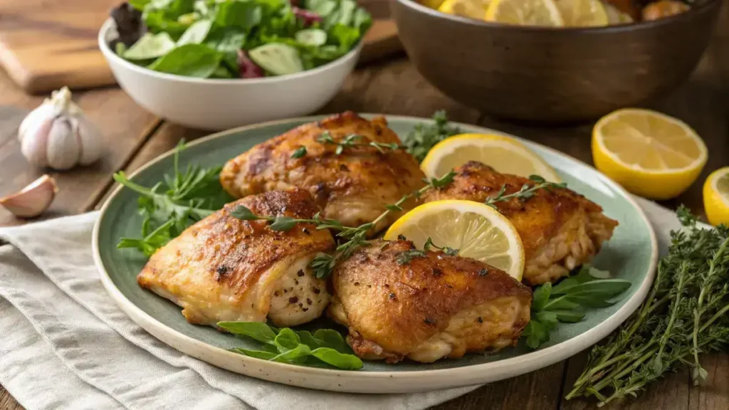 Deliciously seared chicken thighs served with lemon and thyme on a rustic table.