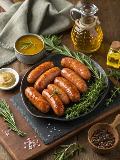 A plate of golden brown cocktail sausages with olive oil, honey, and mustard on a wooden table.