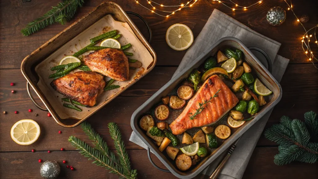sheet pan christmas dinner with roasted chicken and vegetables and sheet pan salmon with lemon and green vegetables