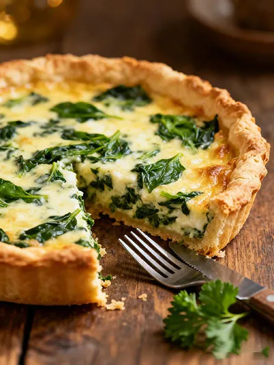 Spinach and cheese quiche with a slice removed, showing a flaky crust and creamy filling.