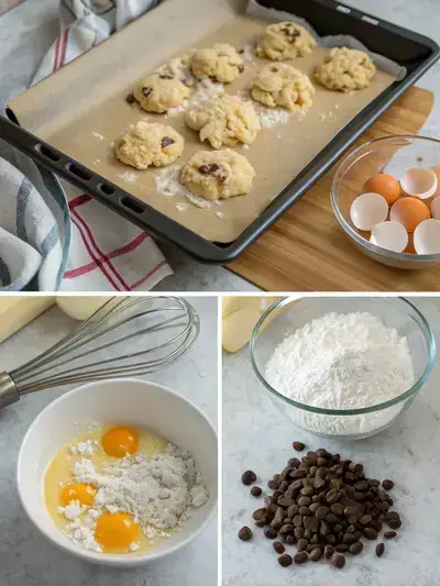 Step-by-step process of making Almond Joy Cookies, including preheating the oven, creaming butter and sugars, mixing dry ingredients, and dropping dough onto a baking sheet.