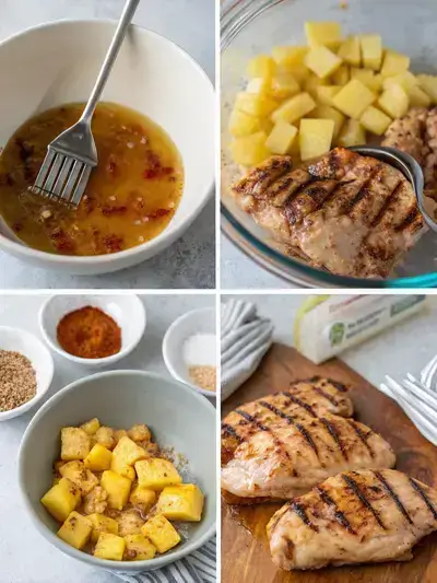 A step-by-step visual guide to preparing aloha chicken, featuring marinating ingredients, grilling process, and final presentation with pineapple and scallions.