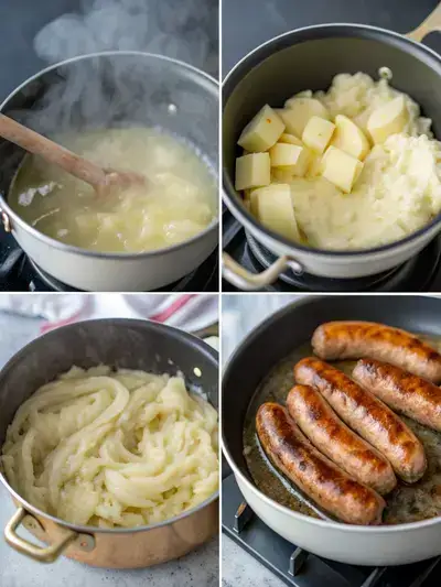 Four-step process of making bangers and mash, including boiling potatoes, mashing them, cooking sausages, and sautéing onions.