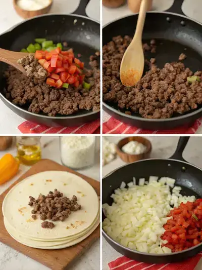 Four-step process of making beef burritos, showing oil heating, sautéing vegetables, adding garlic, and cooking ground beef.