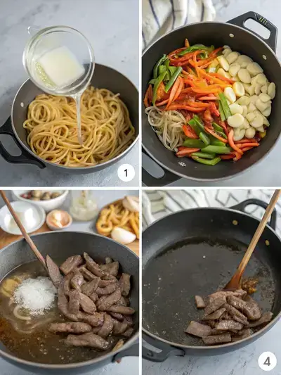 Four-step process of making beef lo mein, including cooking noodles, heating oil, stir-frying beef, and adding vegetables.