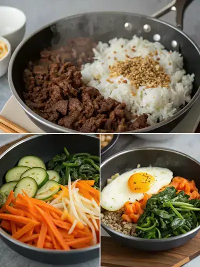 A step-by-step visual guide to preparing a bibimbowl, showcasing rice cooking, marinated beef, sautéed vegetables, and the final assembled dish.