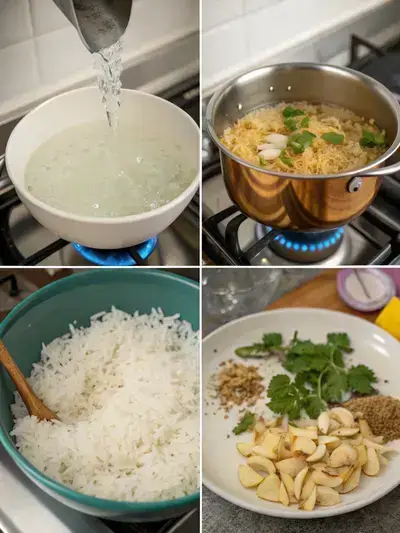 A step-by-step visual guide to making biryani, featuring rinsing rice, sautéing spices, cooking onions, and a final dish garnished with herbs.