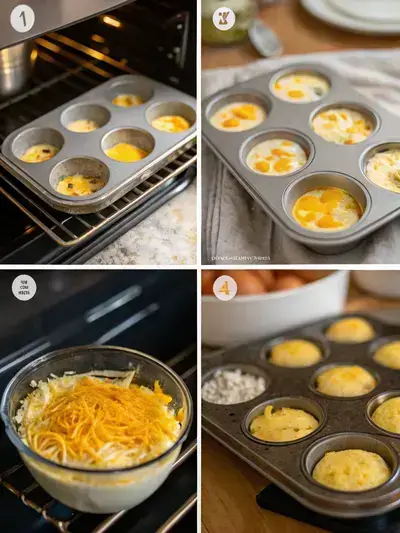 Four-step process of making breakfast egg and cheese muffins, including preheating the oven, whisking ingredients, adding cheese, and filling muffin cups.