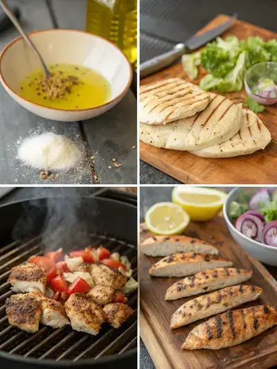 Step-by-step process of making chicken pita, showcasing ingredients, grilling chicken, and assembling the pita.
