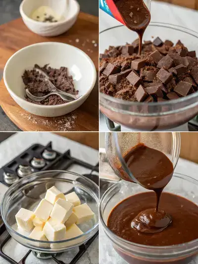 Four-step process of making Chocolate cocoa truffles, showing chocolate, cream, ganache preparation, and a cozy kitchen setting.
