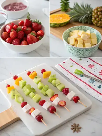 Step-by-step preparation of Christmas fruit kabobs, showcasing washing, cutting, assembling, and chilling the fruit skewers.