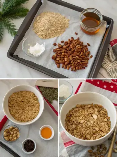 A step-by-step visual guide to making Christmas granola, featuring ingredients and preparation methods.