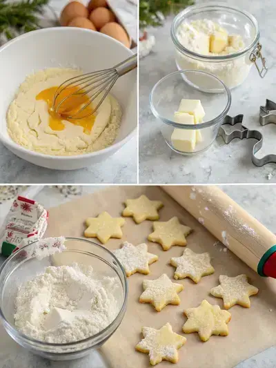 Step-by-step process of making Christmas Sugar cookies, including whisking dry ingredients, creaming butter and sugar, adding wet ingredients, and rolling out dough.