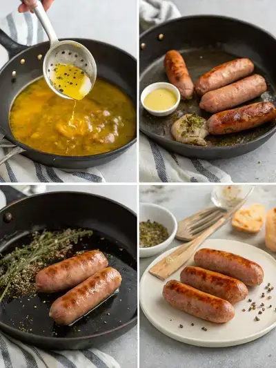 Step-by-step process of making cocktail sausages, including preheating the skillet, cooking sausages, preparing glaze, and serving.