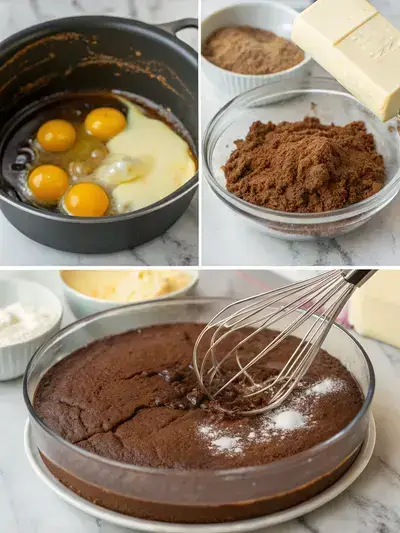 Step-by-step process of making Flourless chocolate cake, including preheating the oven, melting chocolate and butter, whisking eggs and sugar, and pouring batter into a pan.