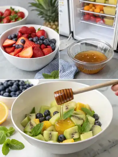 A step-by-step visual guide to making Fruit salad with honey, showcasing washing fruits, preparing honey mixture, combining fruits with honey, and garnishing with mint leaves.