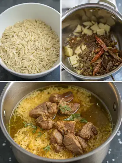 Step-by-step preparation of goat biryani, showcasing rinsing rice, sautéing spices, browning meat, and layering rice.