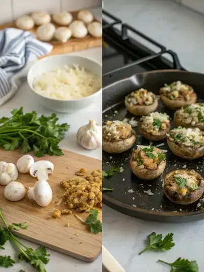 A step-by-step visual guide to making stuffed mushrooms, featuring fresh ingredients, sautéing, filling, and baked mushrooms.