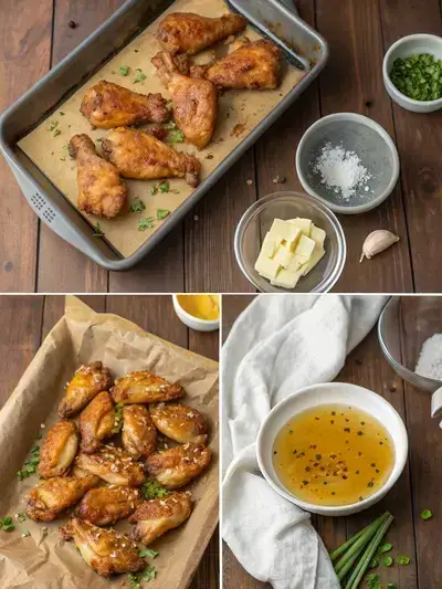 Step-by-step process of making honey garlic wings, including preheating the oven, seasoning wings, sautéing garlic, and coating wings in sauce.
