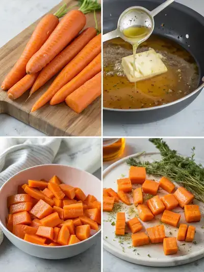 Step-by-step process of making honey glazed carrots, including peeling, boiling, adding butter and honey, and serving.
