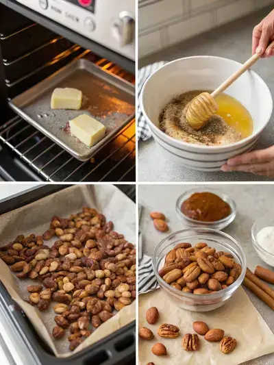 A step-by-step visual guide to making honey roasted nuts, showcasing the oven, melted ingredients, coated nuts, and baking sheet.