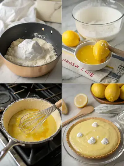 Step-by-step process of making lemon meringue pie, showcasing whisking ingredients, cooking mixture, tempering egg yolks, and spreading meringue.