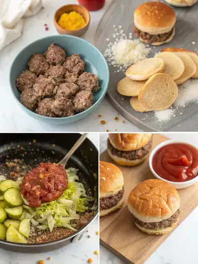 A step-by-step visual guide to making mini beef sliders, showcasing the ingredients, cooking process, and final assembly.