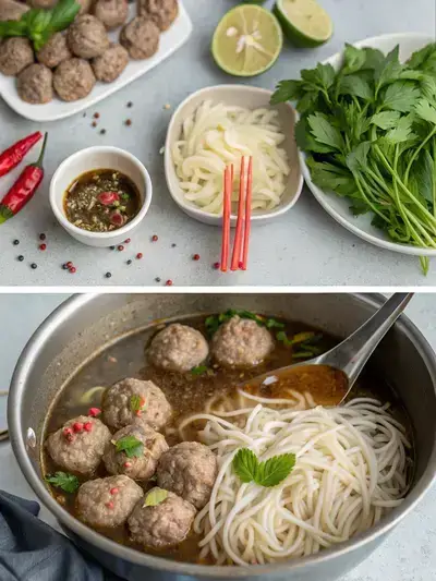 Step-by-step preparation of pho meatballs, including mixing ingredients, cooking in broth, preparing noodles, and serving with garnishes.